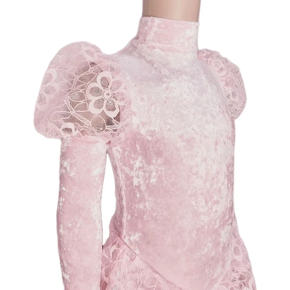 Gilda Marx VTG High Neck Velvet Lace Keyhole Pink Leotard Skate Dress Girls 8/10 - Picture 4 of 16
